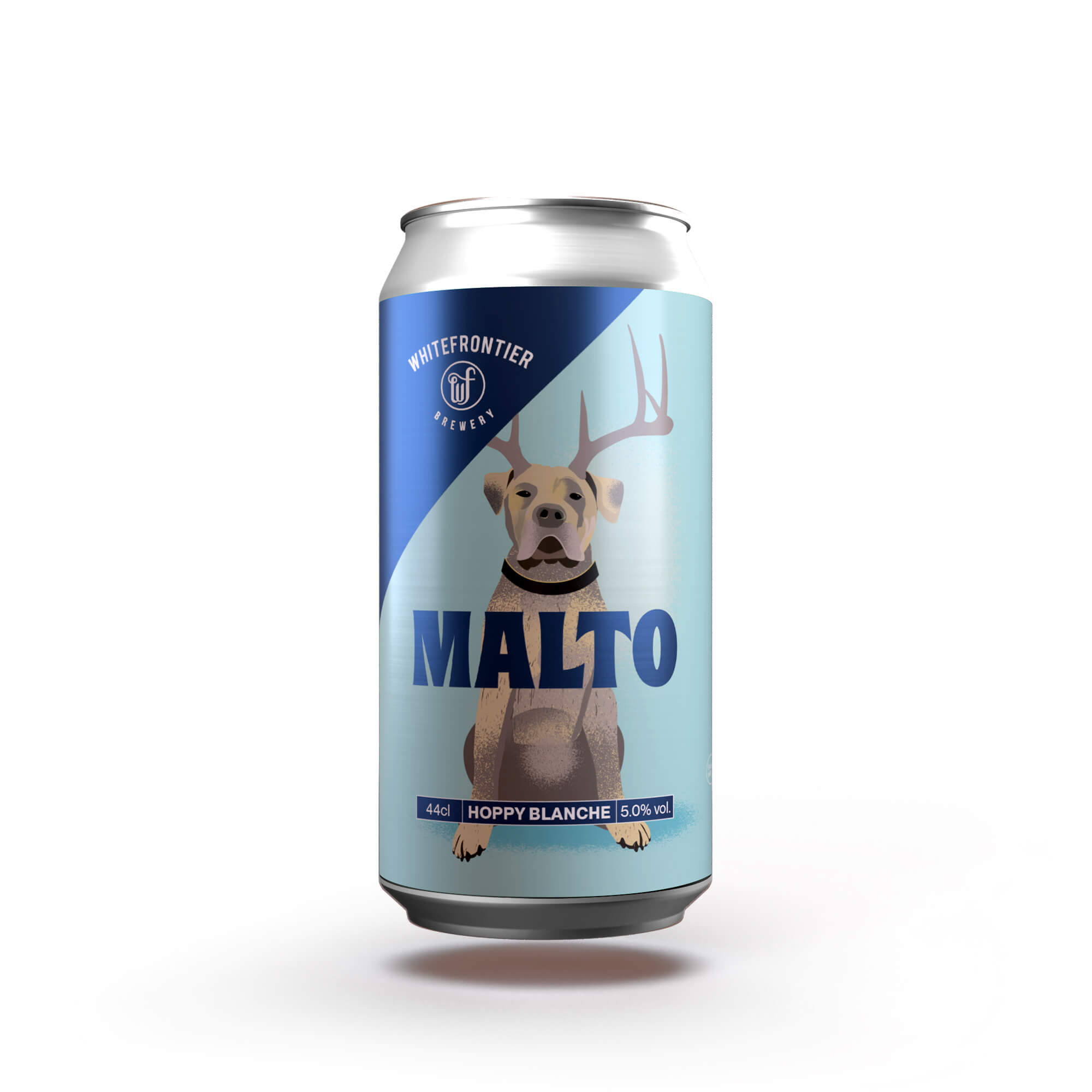 Canette de malto bleu avec un chien qui a des cornes de cerf