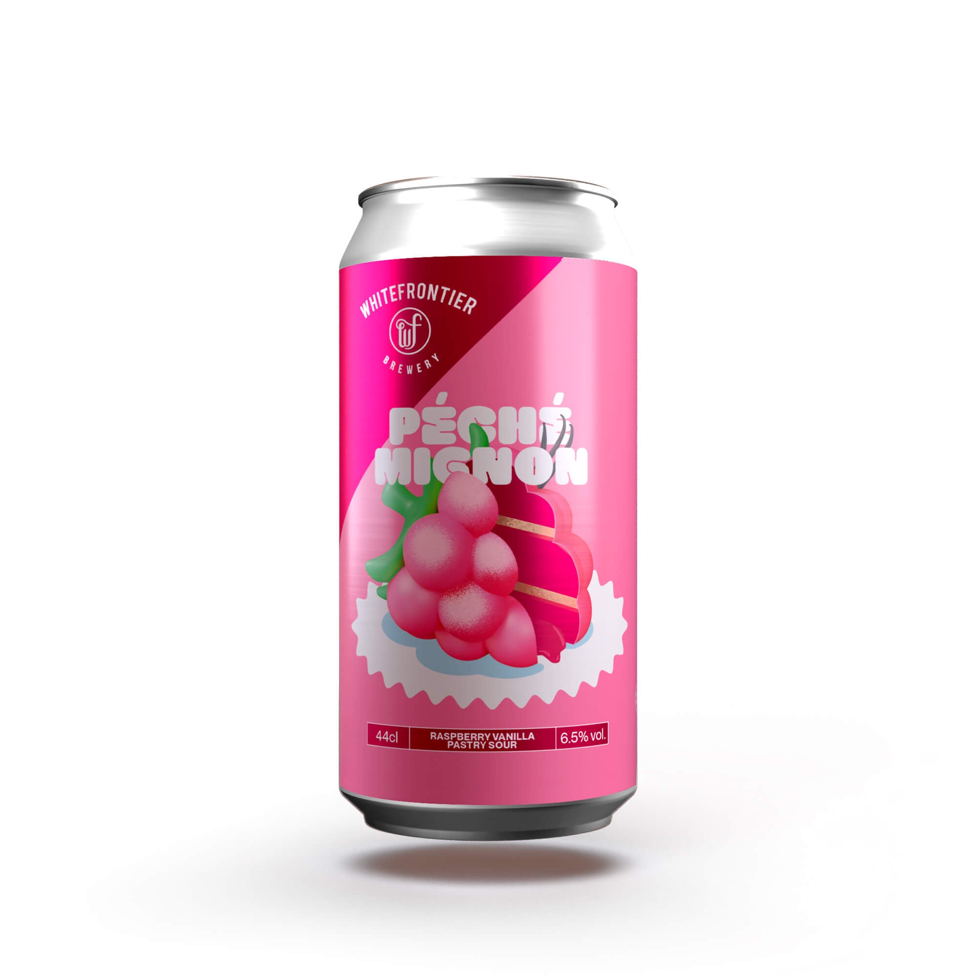Canette de bière rose avec une framboise en gâteau