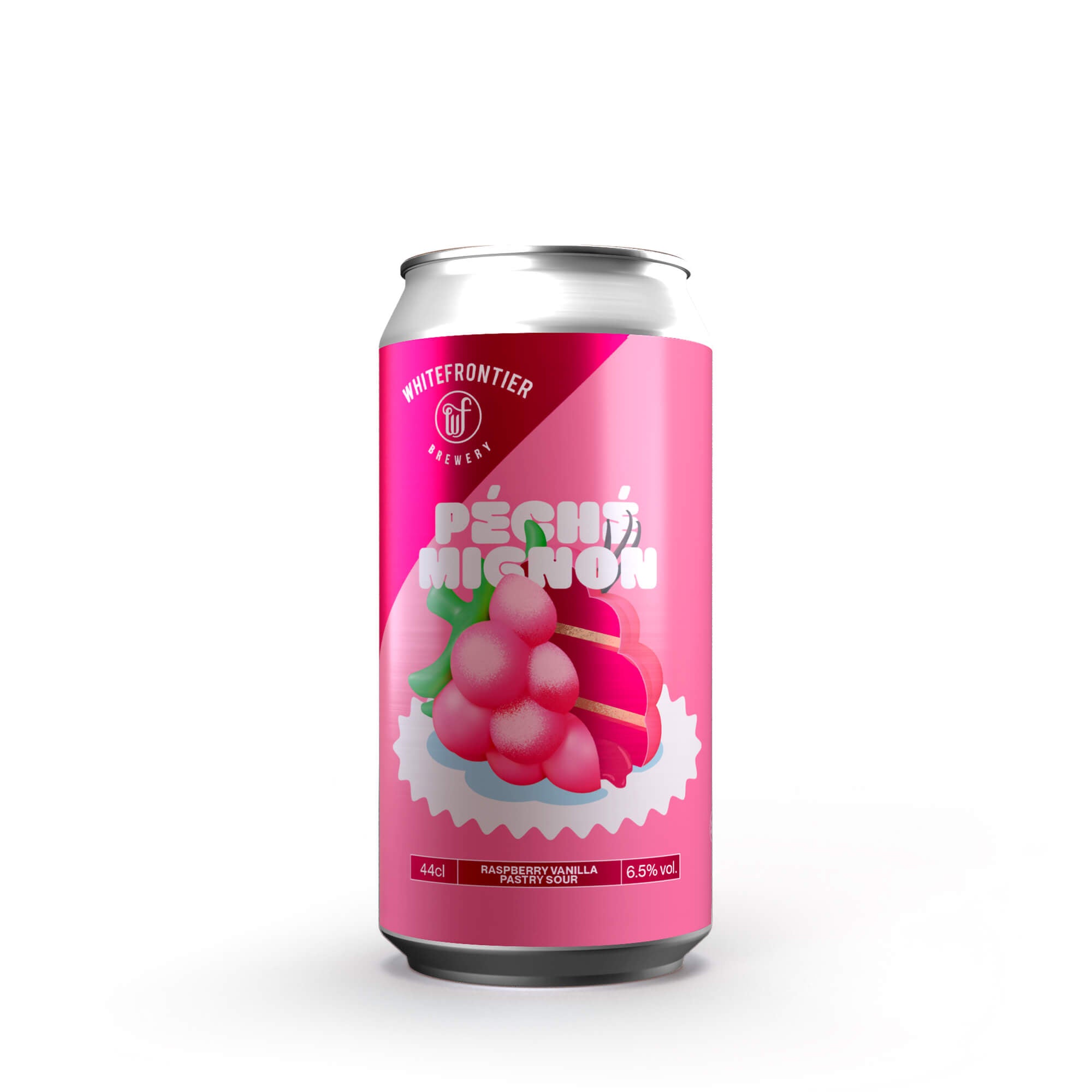 Canette de bière rose avec une framboise en gâteau