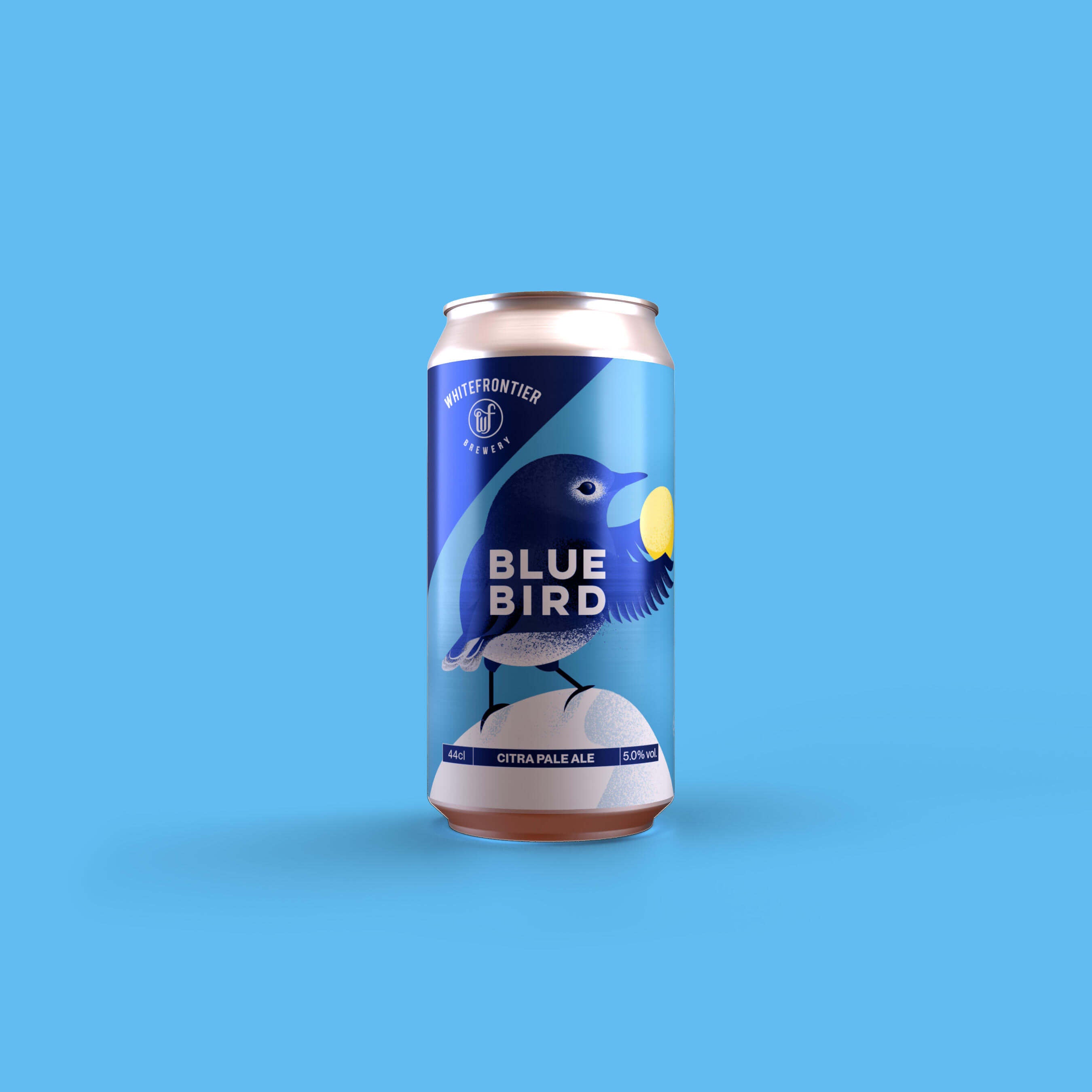 Craftbeer avec un oiseau bleu sur le label qui tient un soleil. Citra Pale Ale - Canette design bleu