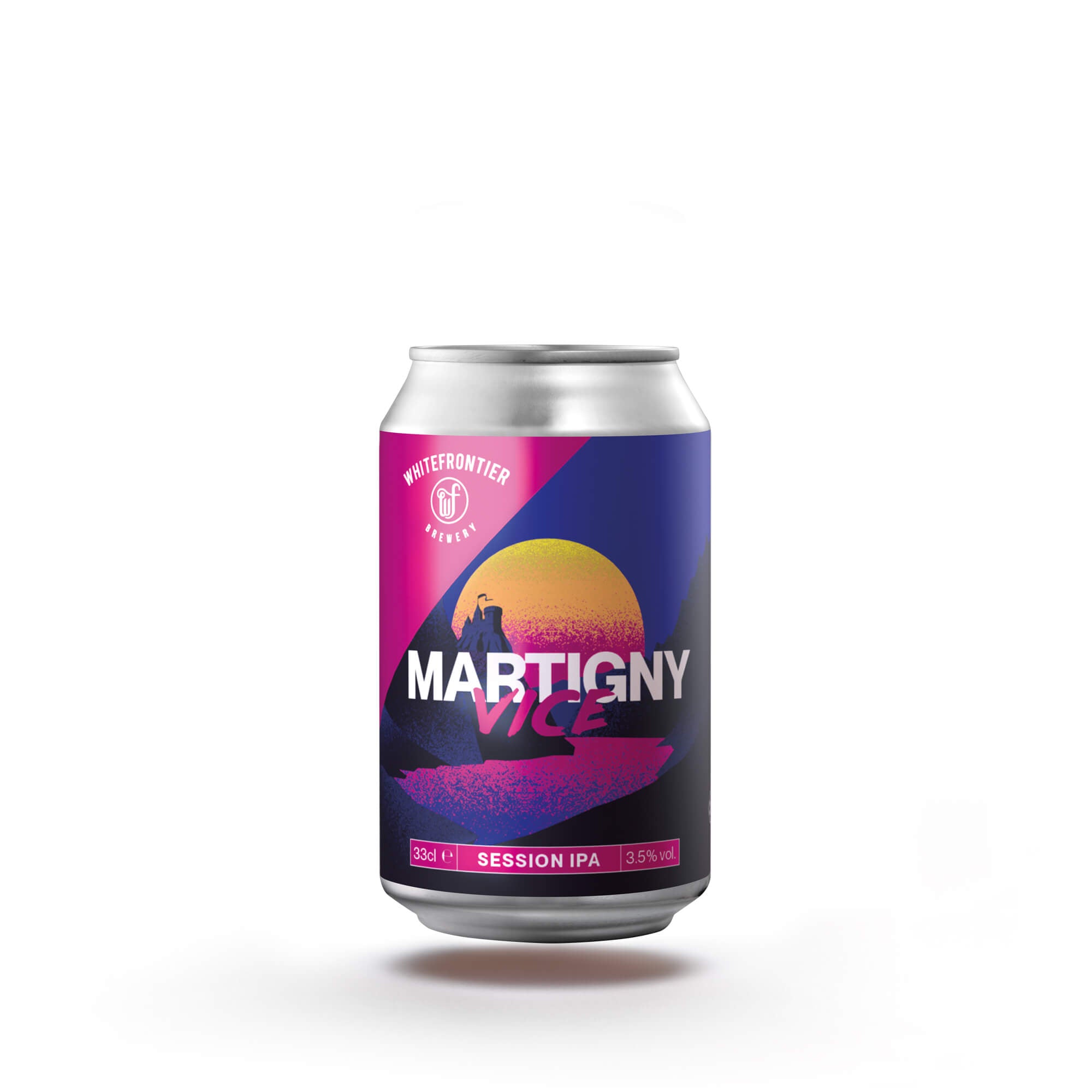 canette de martigny Vice rose et bleu avec un soleil et un chateau