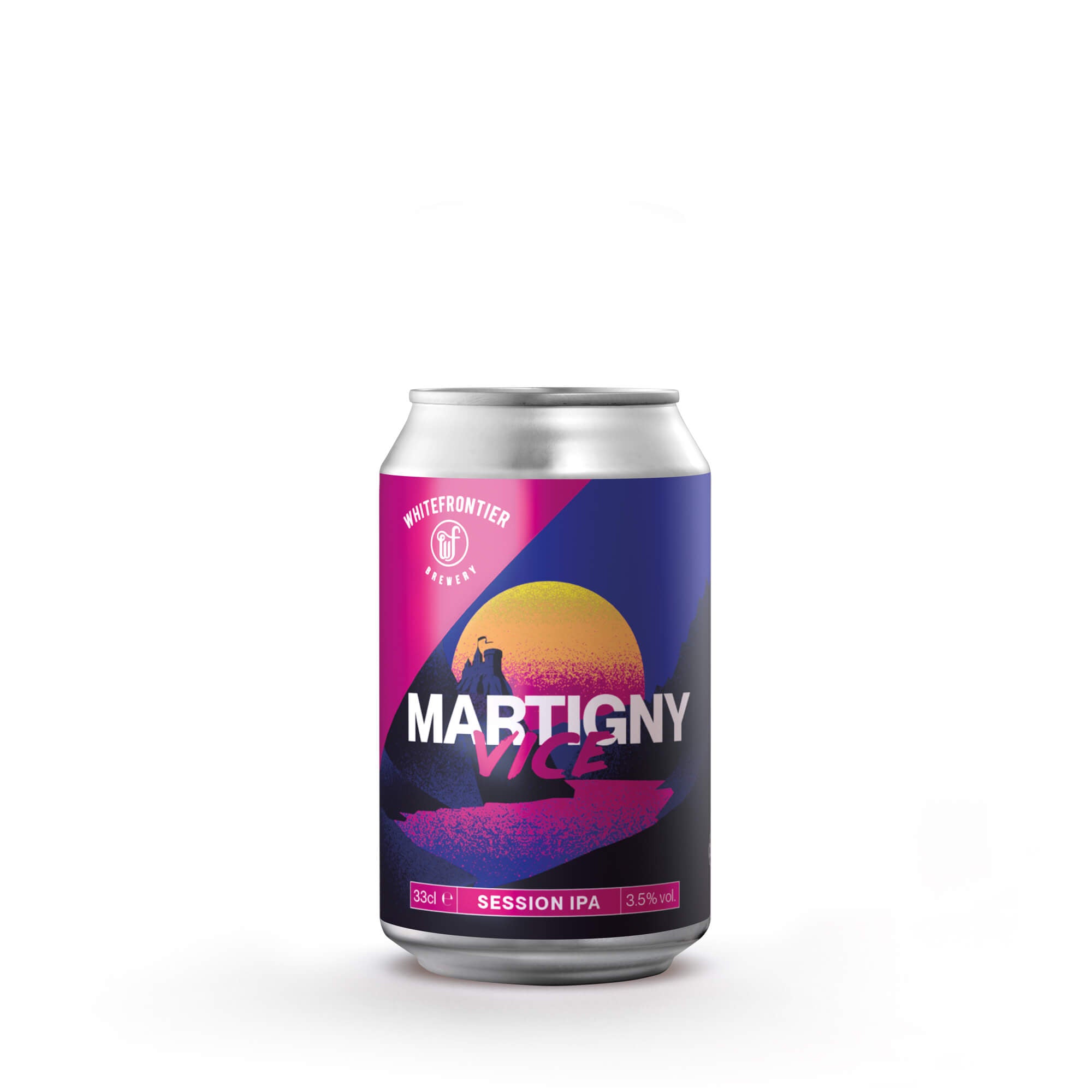 Canette de Martigny Vice rose et bleu avec un soleil et un chateau