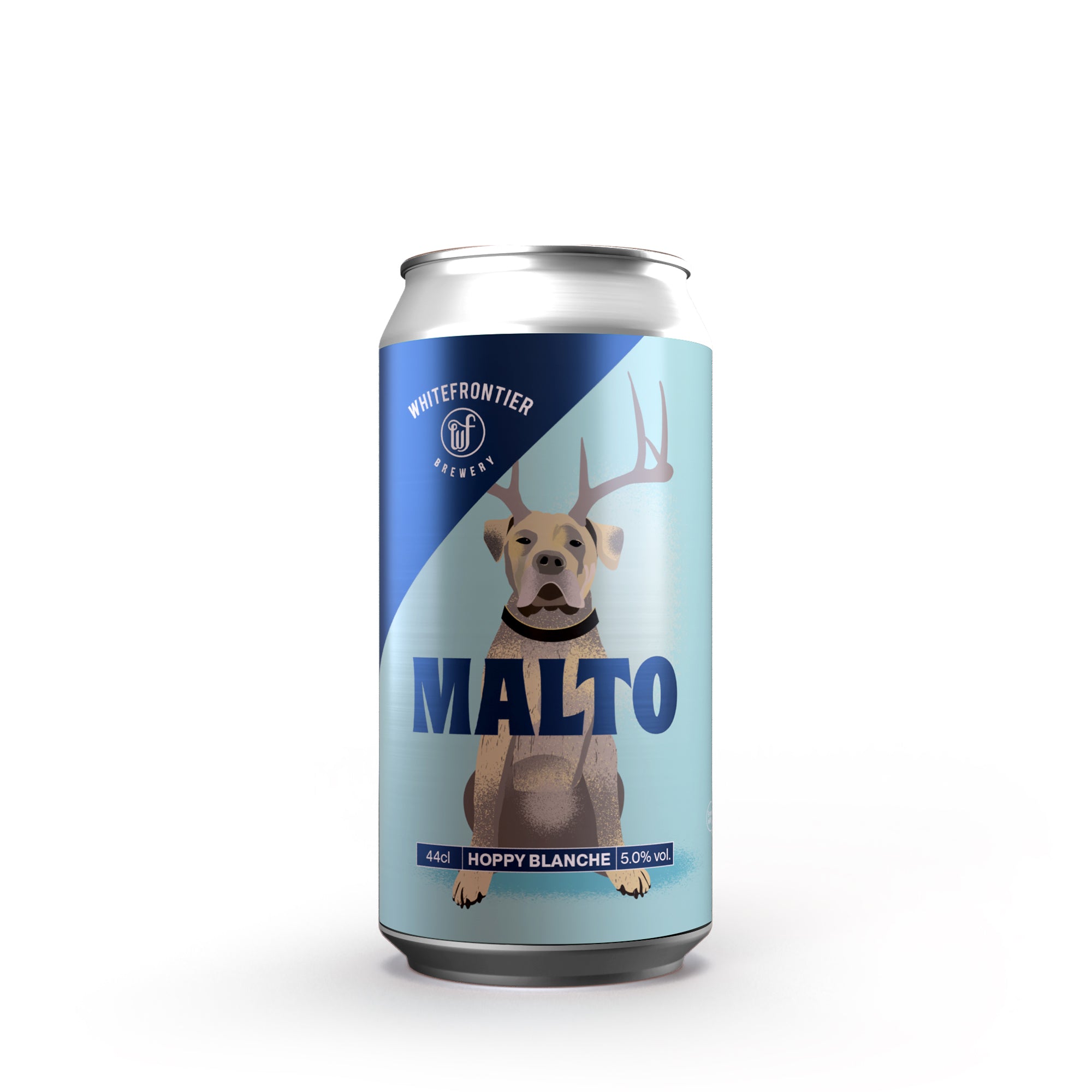 Canette de malto bleu avec un chien qui a des cornes de cerf