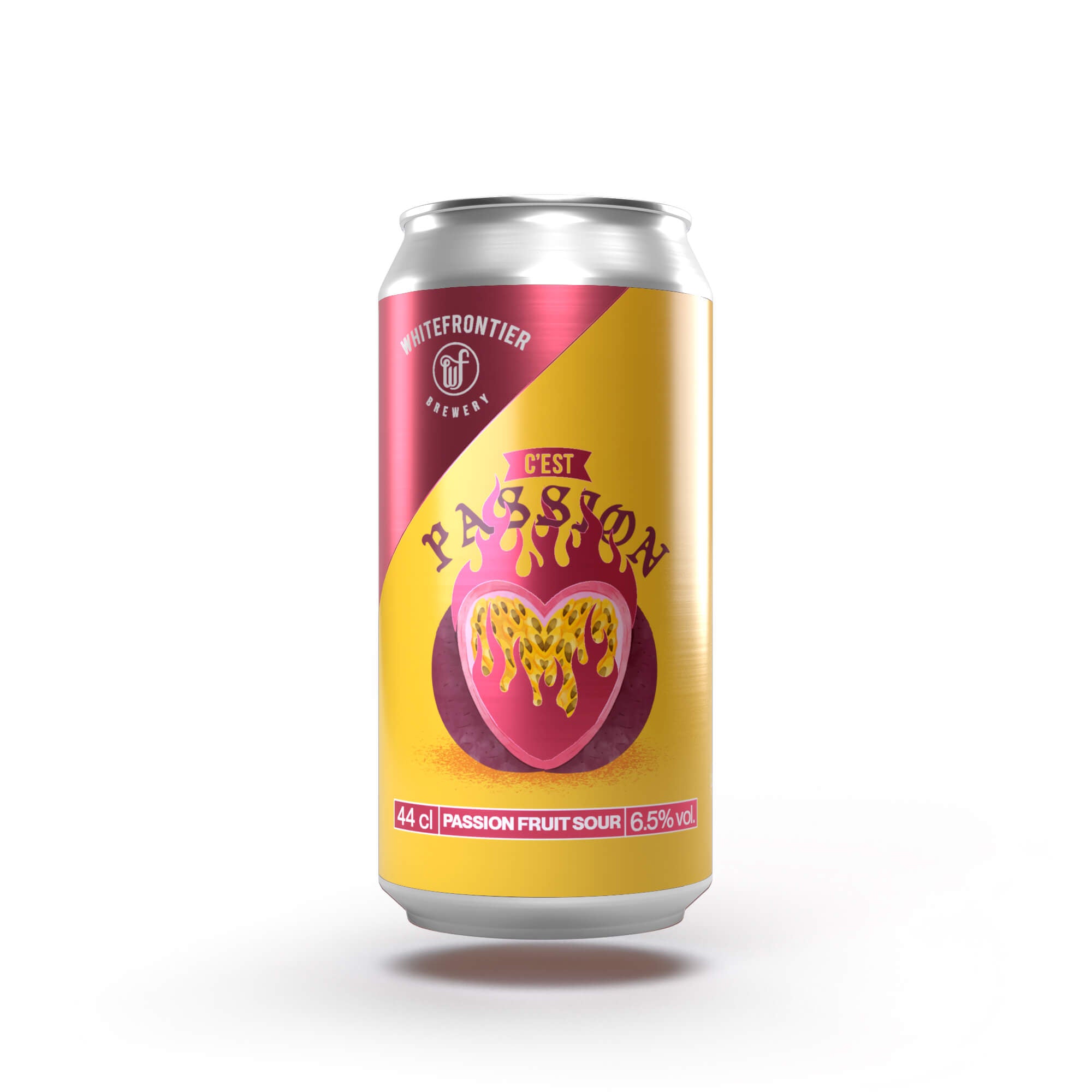 Canette 44cl jaune et rose avec un fruit de la passion en coeur