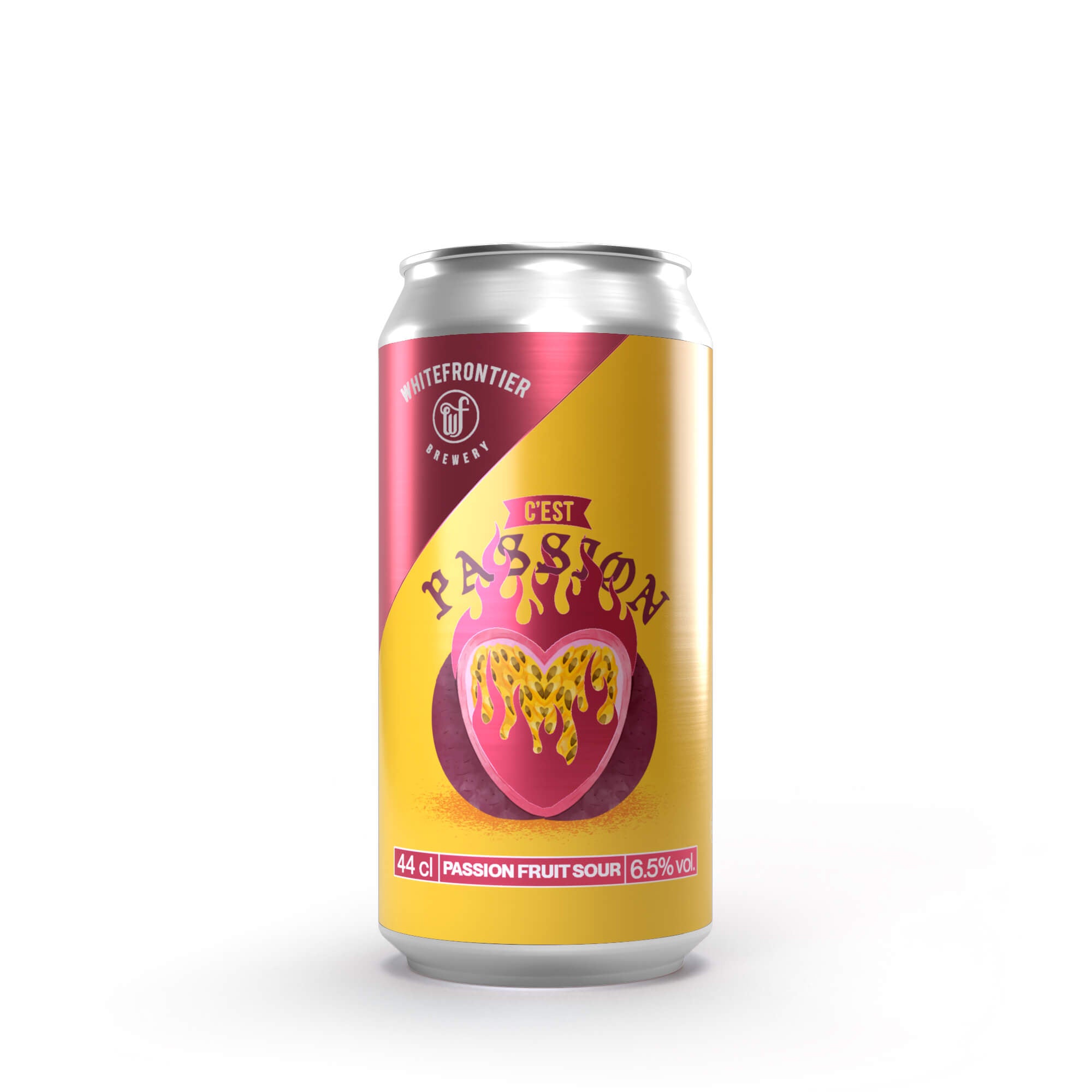 Canette 44cl jaune et rose avec un fruit de la passion en coeur