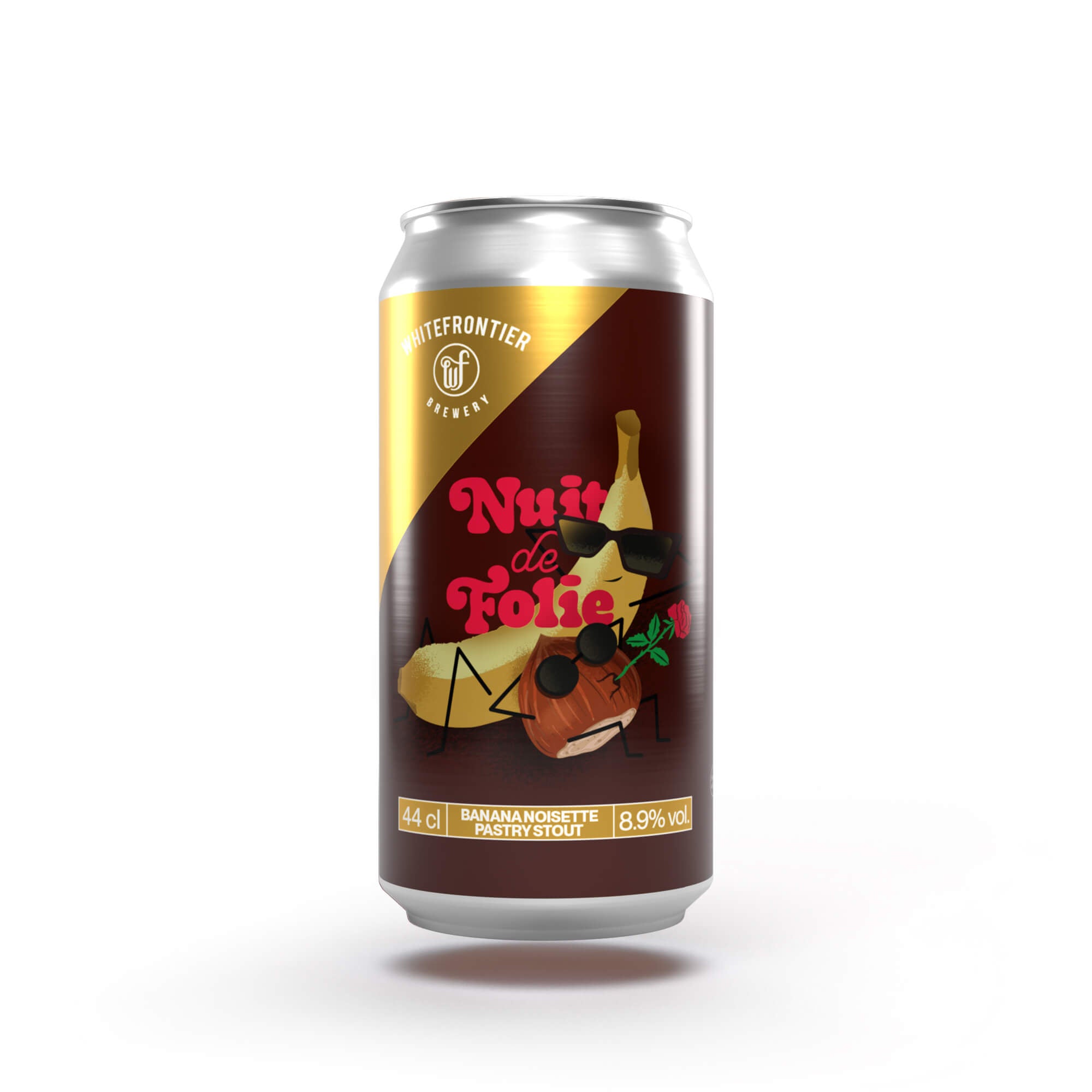 Une canette de bière maron avec une banane et une noisette qui tient une rose dans sa bouche